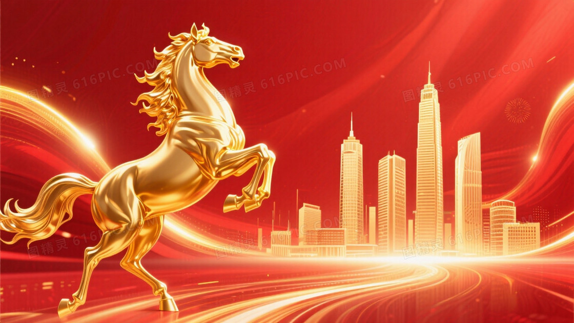 左侧是金色骏马形象背景为红色