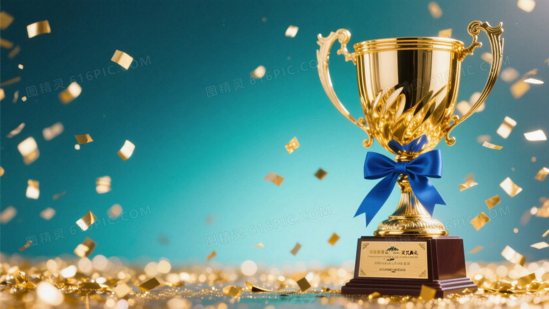 颁奖典礼主题右侧是金色奖杯配蓝色丝带