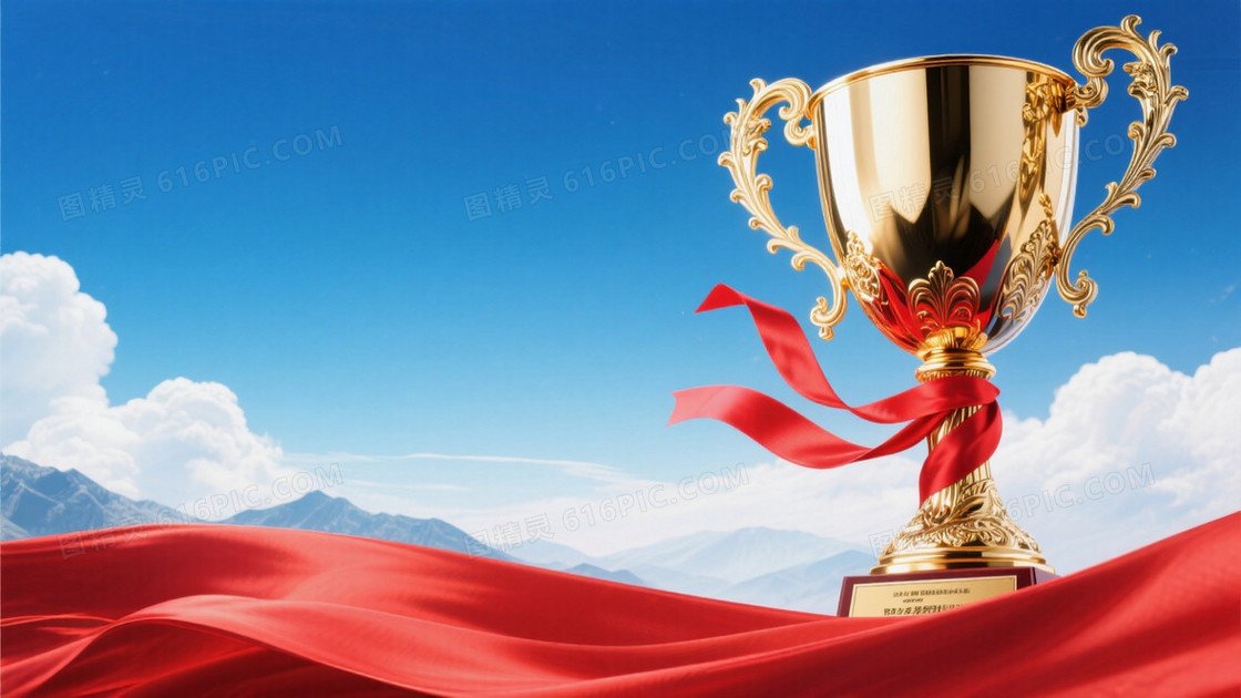 颁奖典礼主题画面右侧是是1个巨大的精致的金色雕花奖杯配红色丝带丝带随风飞扬看着非常有视觉冲击力