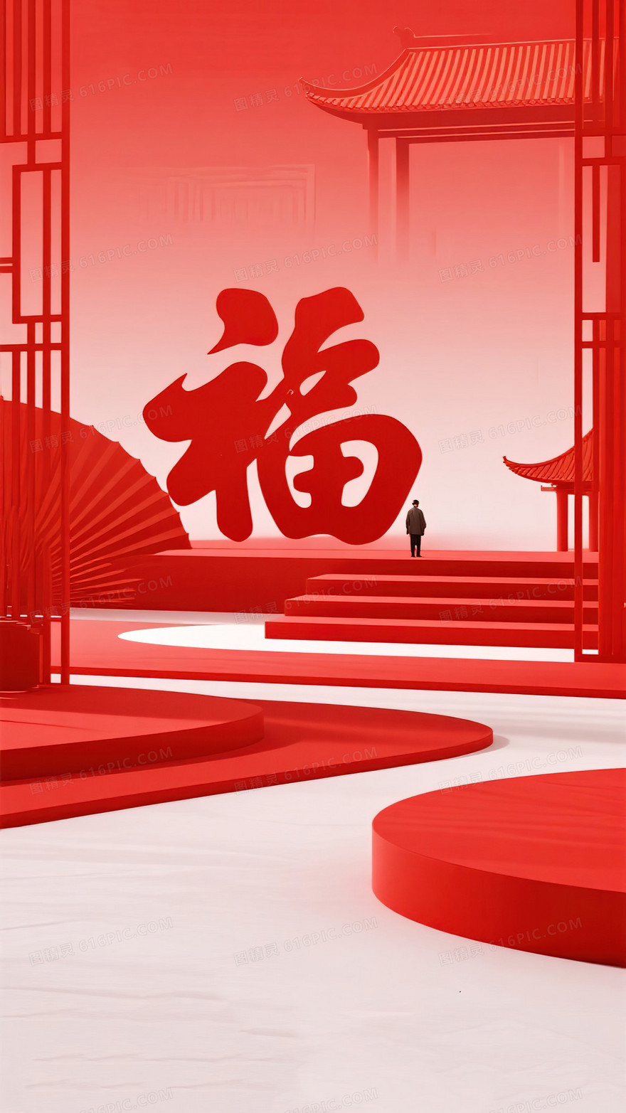 极简福字中国新年C4D喜庆背景