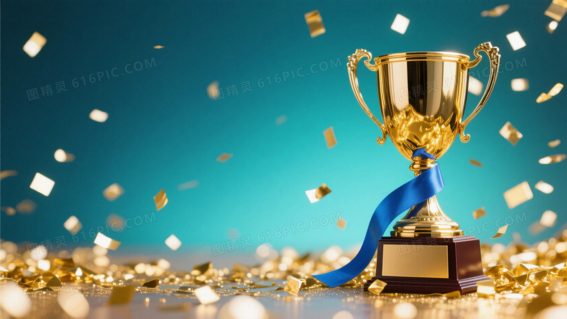颁奖典礼主题右侧是金色奖杯配蓝色丝带