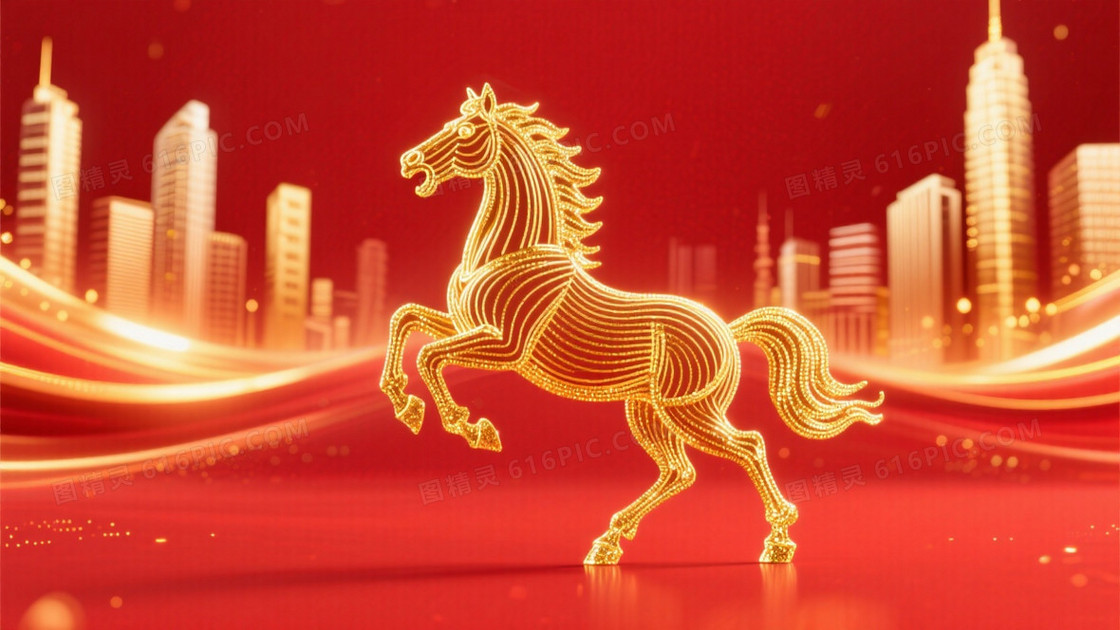 金线骏马形象小小的骏马出现在画面靠边由金色的线条组成