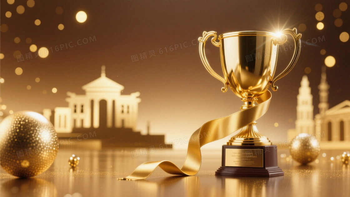 颁奖典礼主题图片右侧是超级高级精致的配有光效的非常好看的金色奖杯配金色丝带