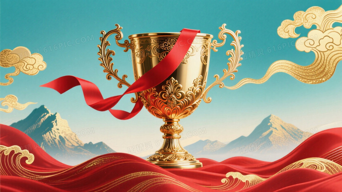 荣耀主题插画巴洛克风格雕花金奖杯系着飘逸朱红缎带