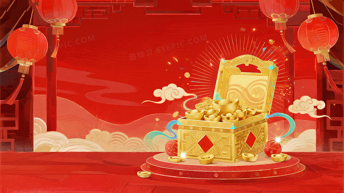 春节宝箱红色喜庆插画风背景