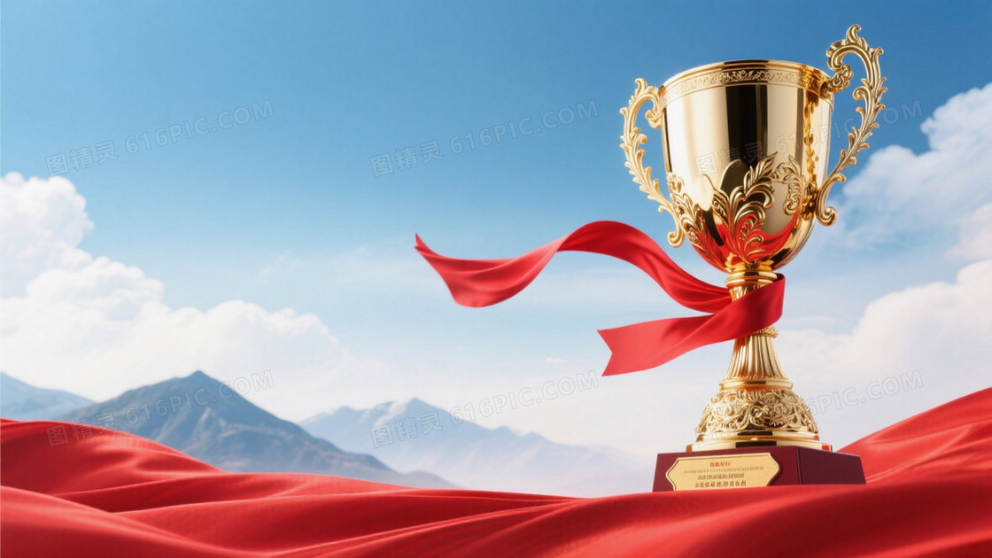 颁奖典礼主题画面右侧是是1个巨大的精致的金色雕花奖杯配红色丝带丝带随风飞扬看着非常有视觉冲击力