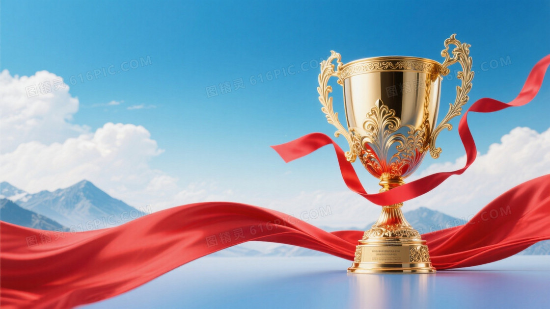 颁奖典礼主题画面右侧是是1个巨大的精致的金色雕花奖杯配红色丝带丝带随风飞扬看着非常有视觉冲击力