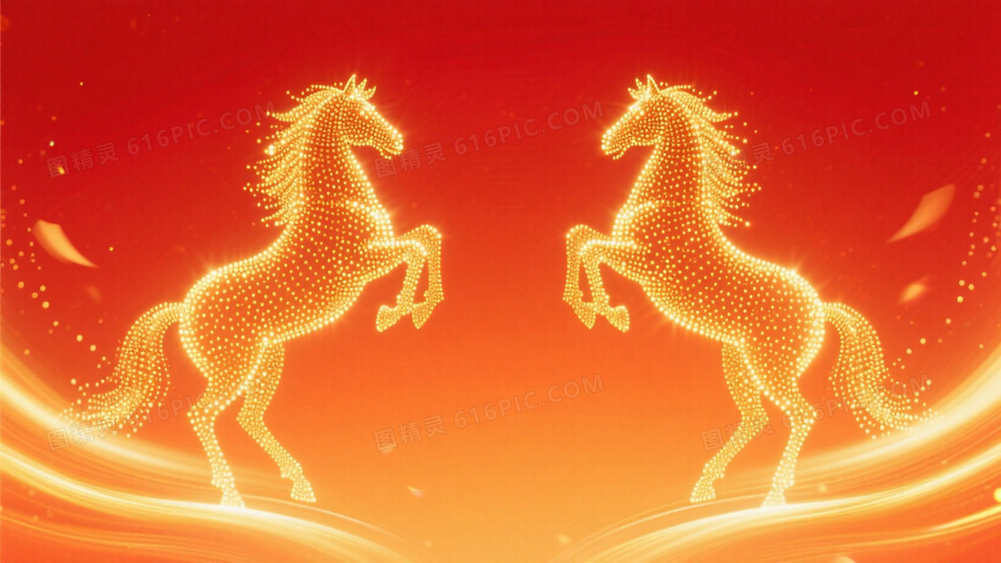 马年主题活动画面两侧靠边各有1匹小小的由无数发光粒子组成的金色发光骏马