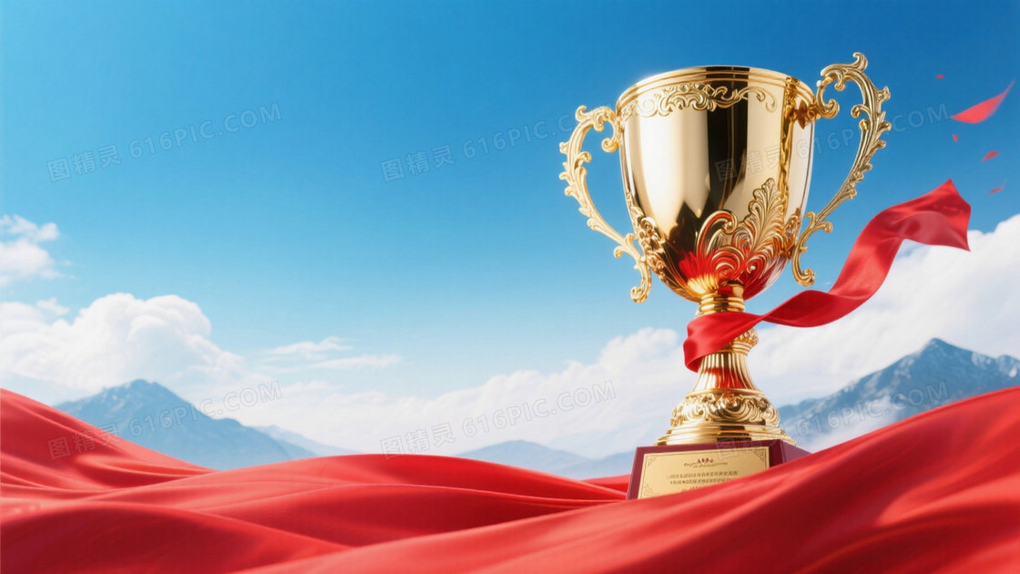 颁奖典礼主题画面左侧是是1个巨大的精致的金色雕花奖杯配红色丝带丝带随风飞扬看着非常有视觉冲击力