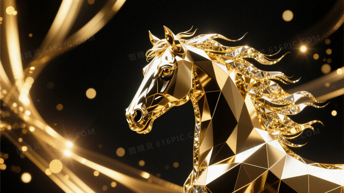 金色几何风骏马形象带水晶效果