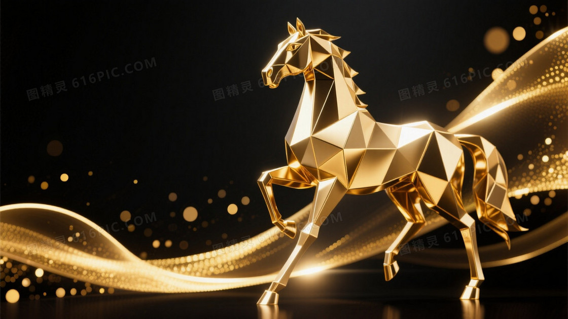 金色几何风骏马形象位于画面右侧