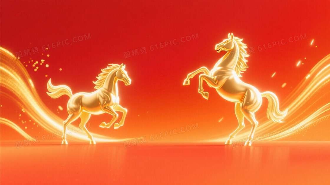 马年主题活动画面两侧靠边各有1匹小小的金色发光骏马