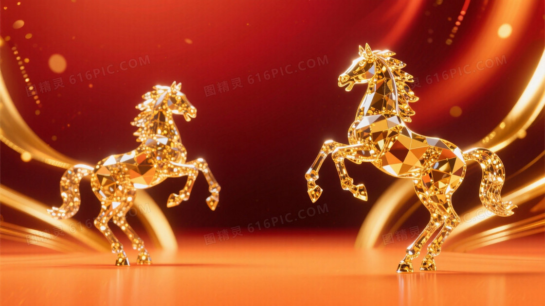 马年主题活动画面两侧靠边各有1匹小小的由水晶组成的金色发光骏马