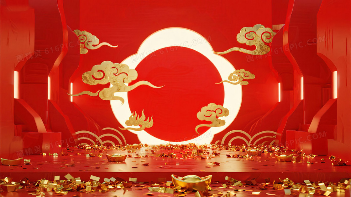 红色舞台C4D新年喜庆背景
