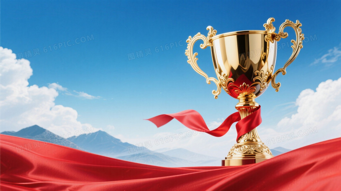 颁奖典礼主题画面右侧是是1个巨大的精致的金色雕花奖杯配红色丝带丝带随风飞扬看着非常有视觉冲击力