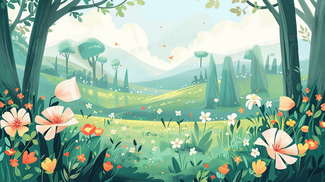 彩色春天植物森林草地场景插画
