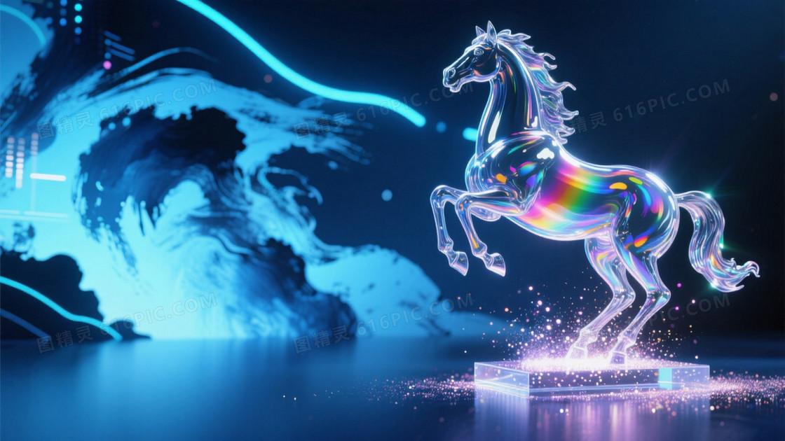 动态光轨组成的立体骏马雕塑出现在画面一侧