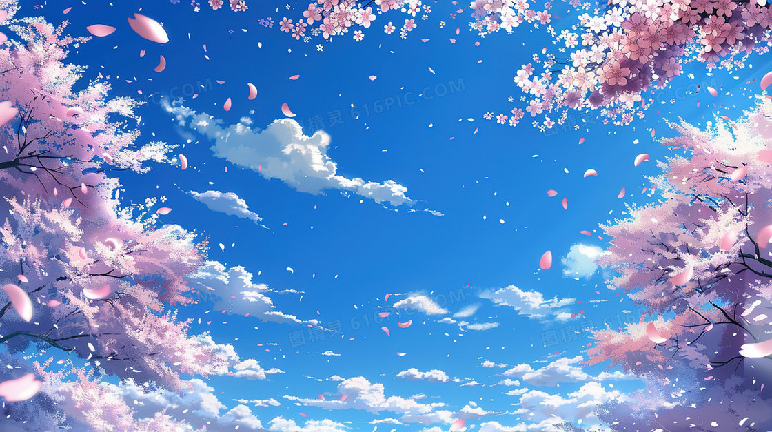 唯美清新蓝天白云樱花树插画