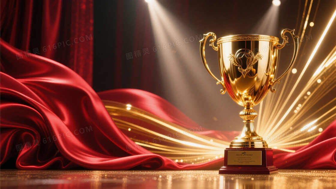 奢华颁奖典礼场景鎏金奖杯占据左构图三分之二
