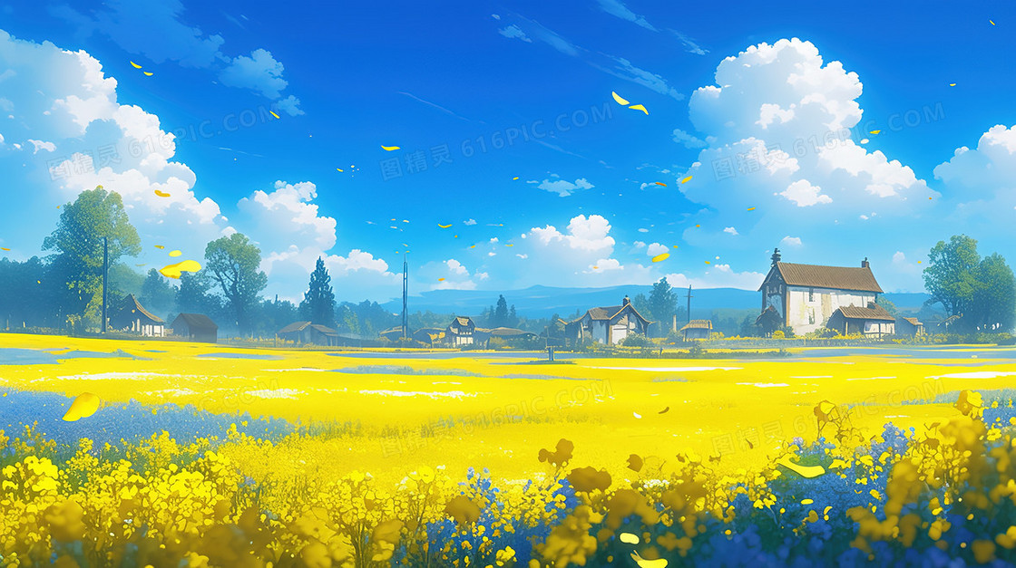 唯美清新春天油菜花田插画