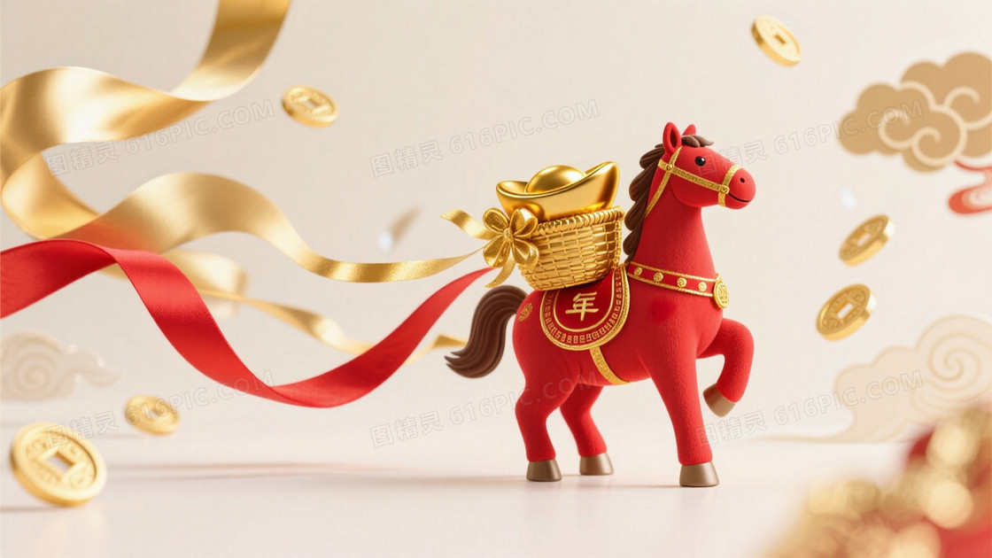 中国新年马年主题画面一侧是小小的红色骏马形象