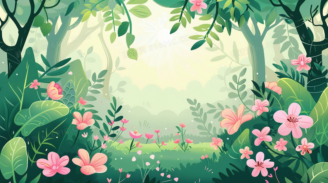 彩色春天植物森林草地场景插画