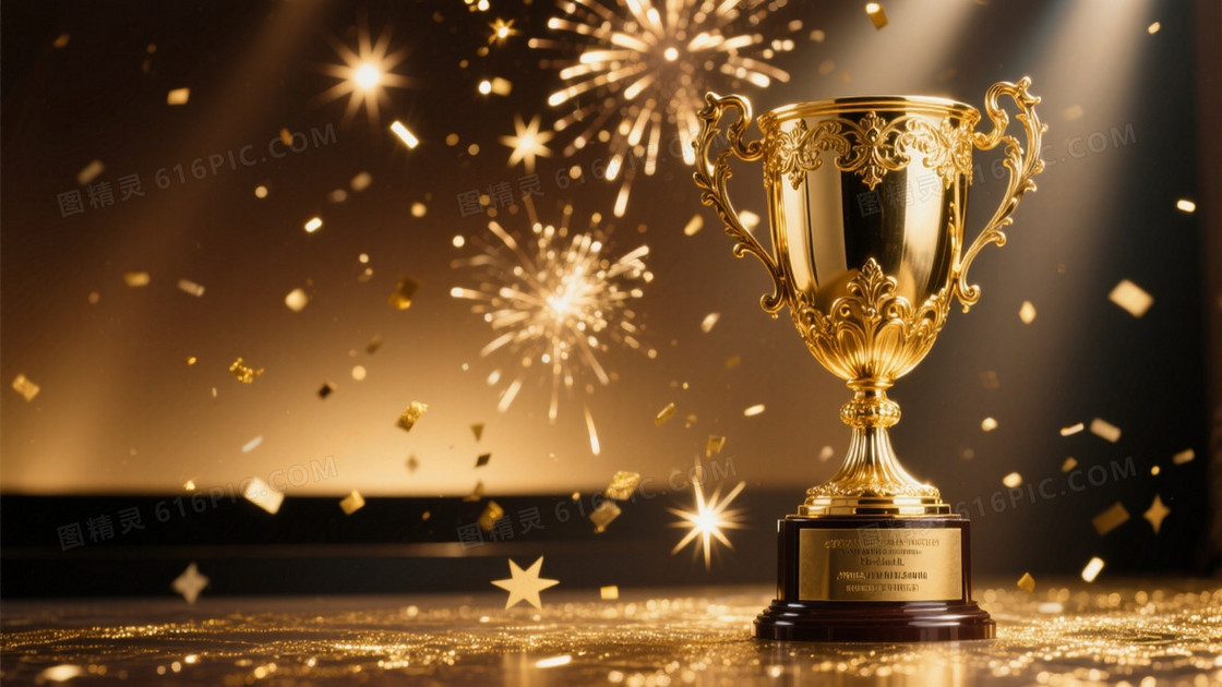 奢华颁奖典礼主视觉巴洛克风格金色奖杯特写占据左构图