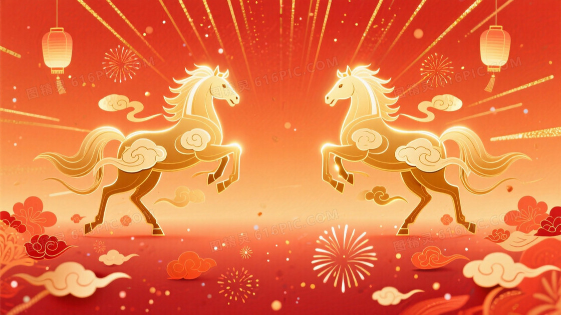 新年主题矢量插画对称式布局左右两侧靠边各有1匹小小的金色发光骏马前蹄腾跃