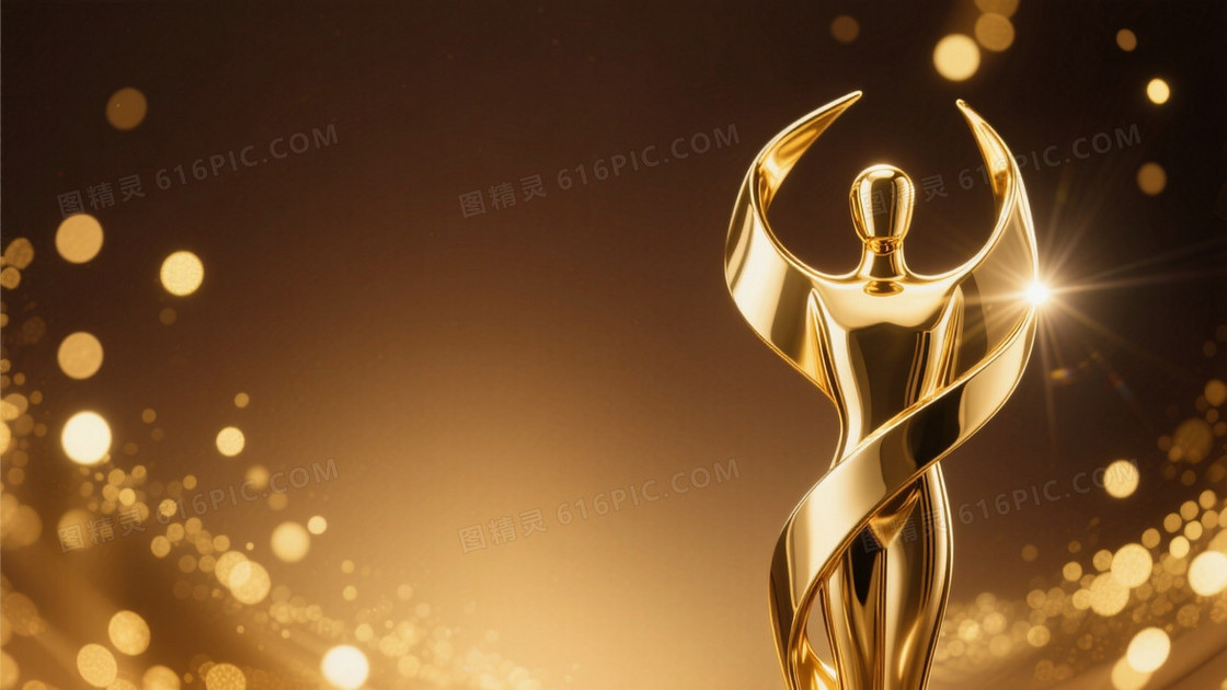 颁奖晚会主题左侧是高级精致的金色人形奖杯特写搭配好看的光效