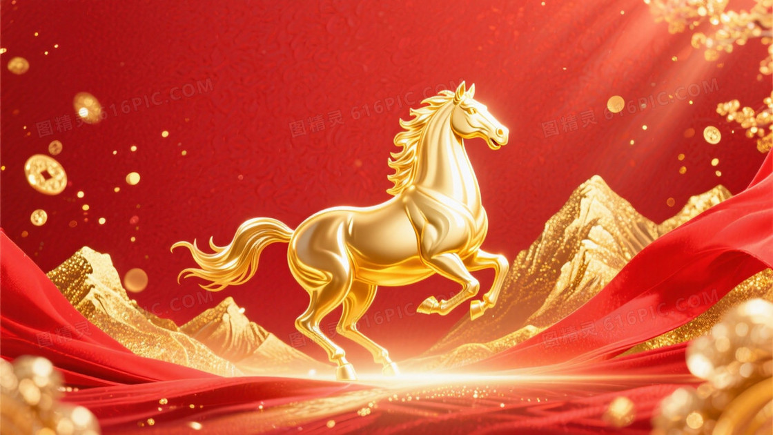 中国新年马年主题下方是金色骏马形象