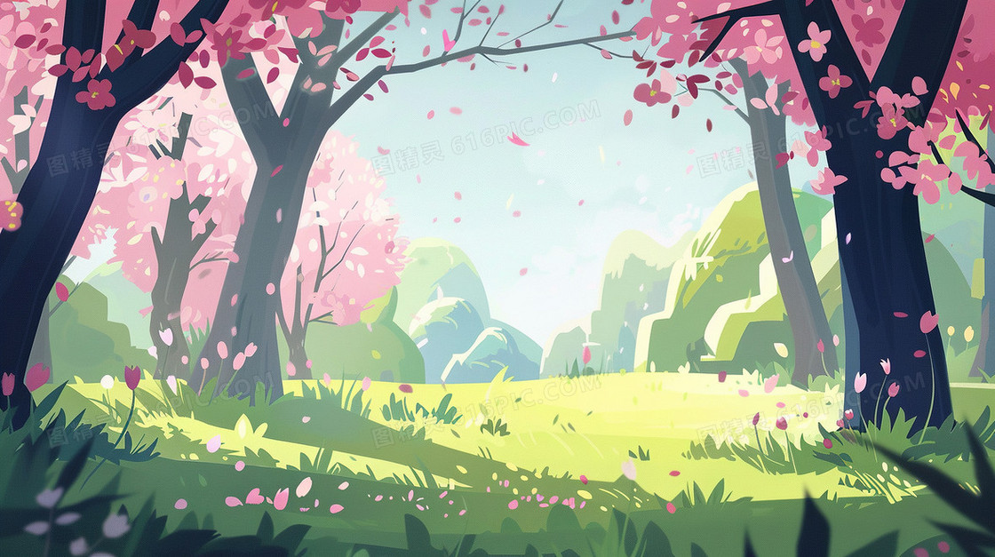 彩色春天植物森林草地场景插画