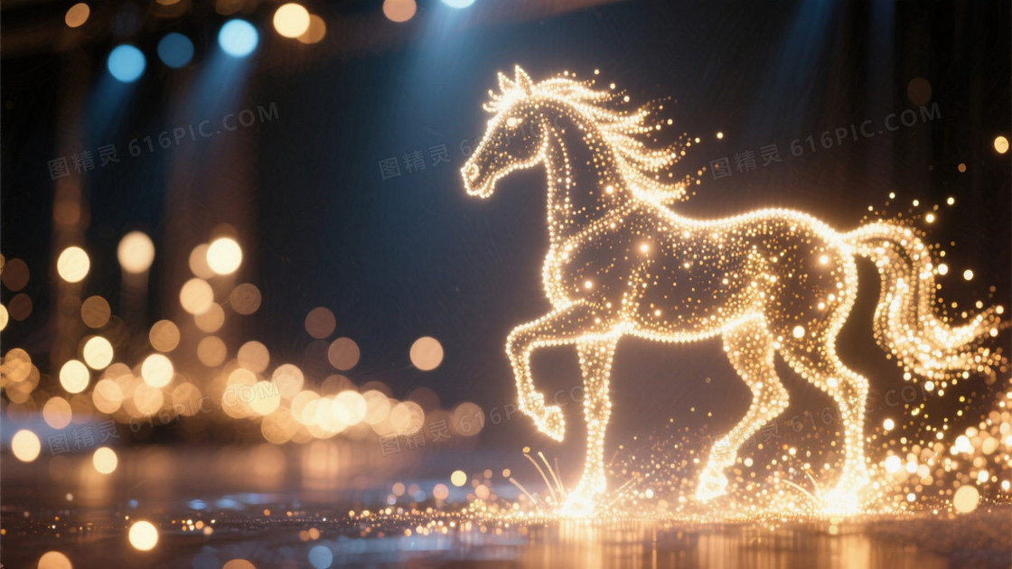 粒子光效组成的骏马形象出现在画面一侧