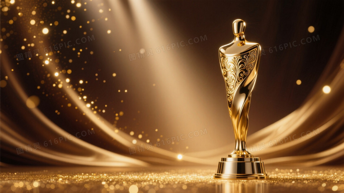 颁奖晚会荣耀场景左侧聚焦金属拉丝质感的金色人形奖杯