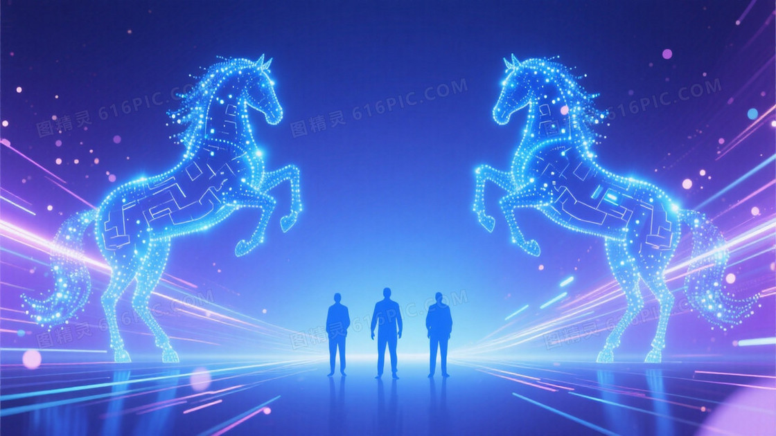 两侧是蓝色粒子光效组成的科技感骏马形象