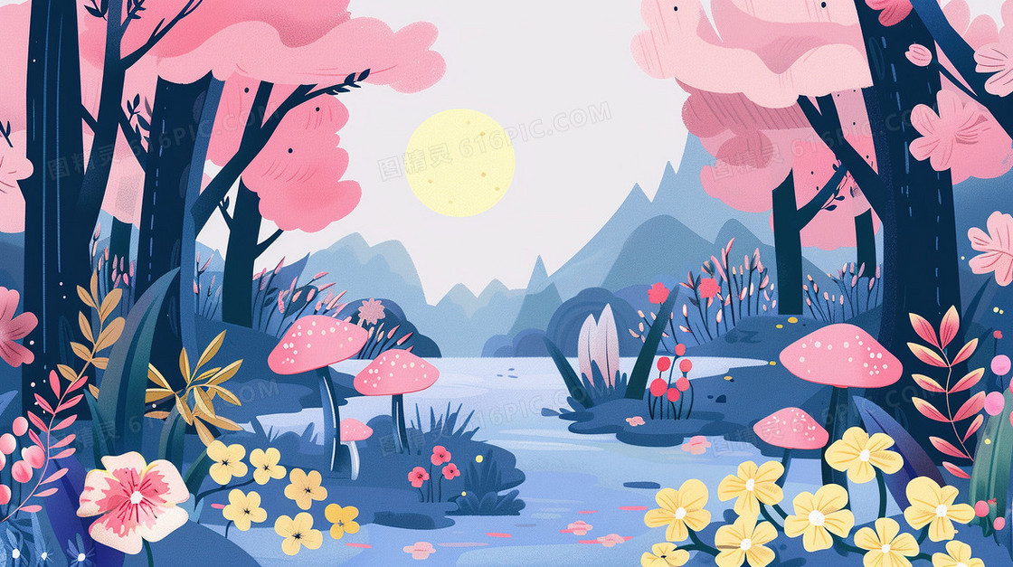 彩色春天植物森林草地场景插画