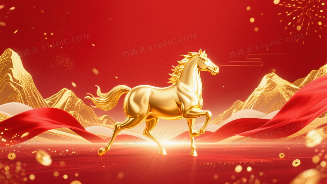 中国新年马年主题下方是金色骏马形象