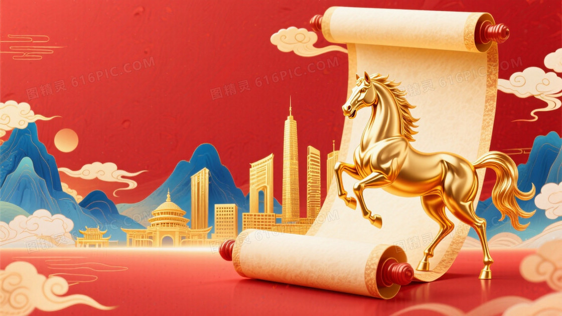 中国新年马年主题右侧是金色骏马形象站在卷轴上方