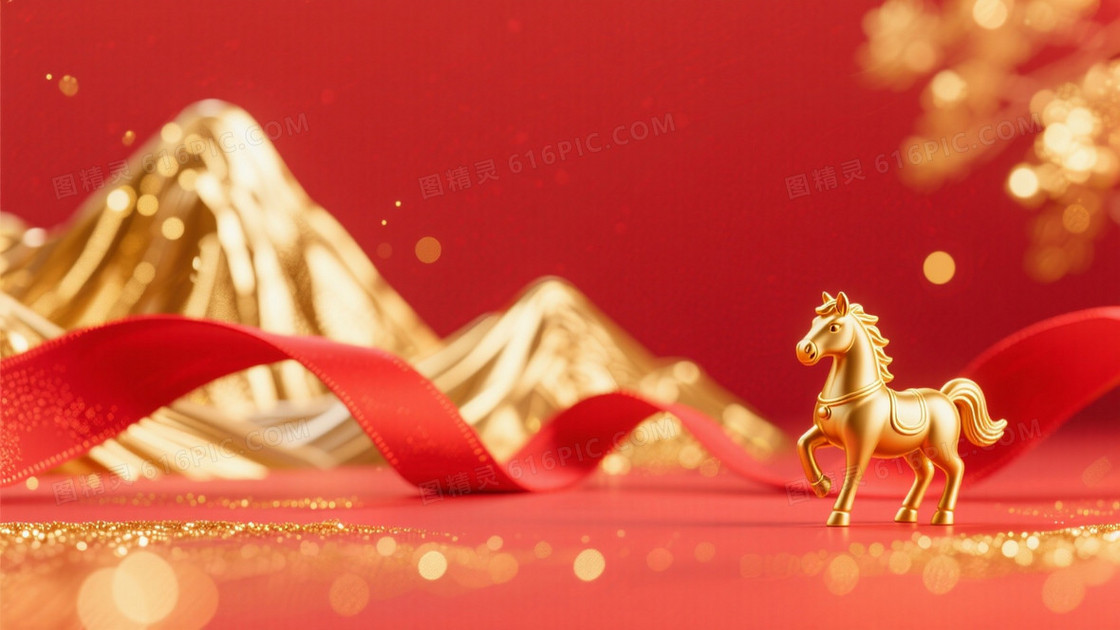 中国新年马年主题侧边是小小的金色骏马形象