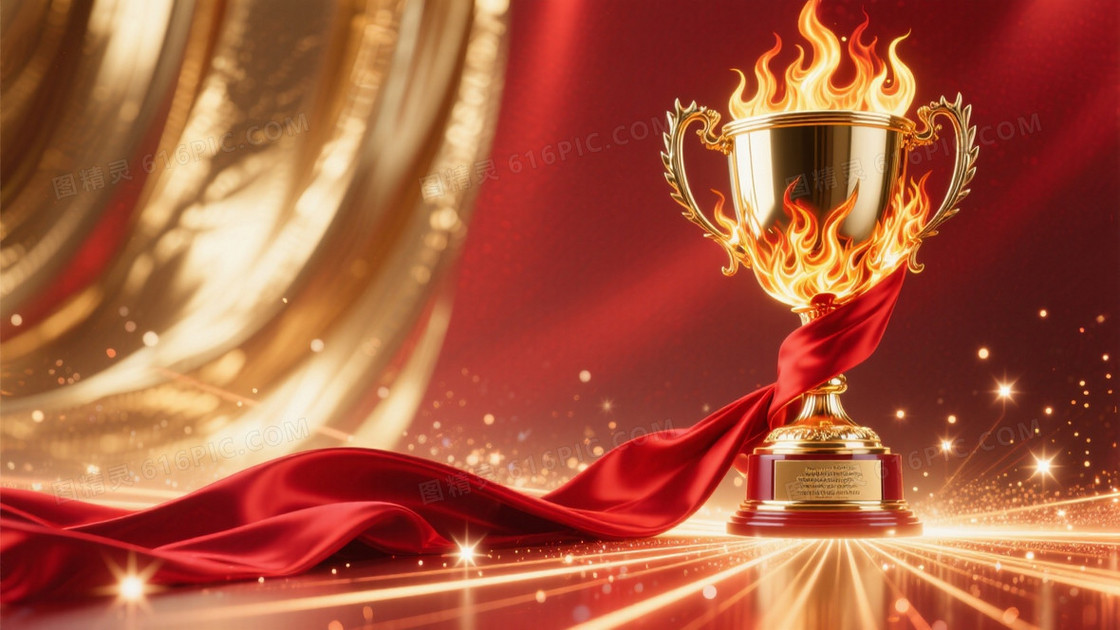 史诗感荣誉场景左侧巨大的精致金奖杯缠绕火焰状红丝绸