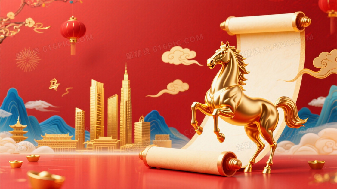 中国新年马年主题右侧是金色骏马形象站在卷轴上方