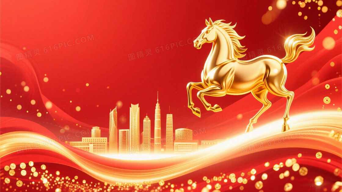 中国新年马年主题右侧是金色骏马形象背景为红色