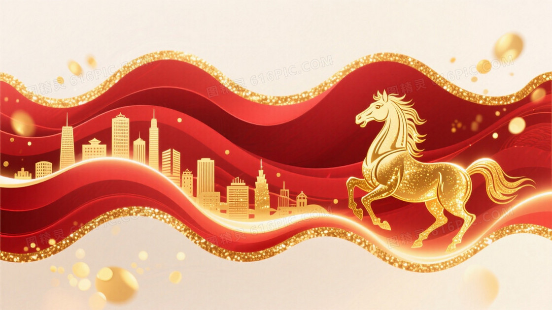 中国新年马年主题右侧是金色骏马形象背景为红色