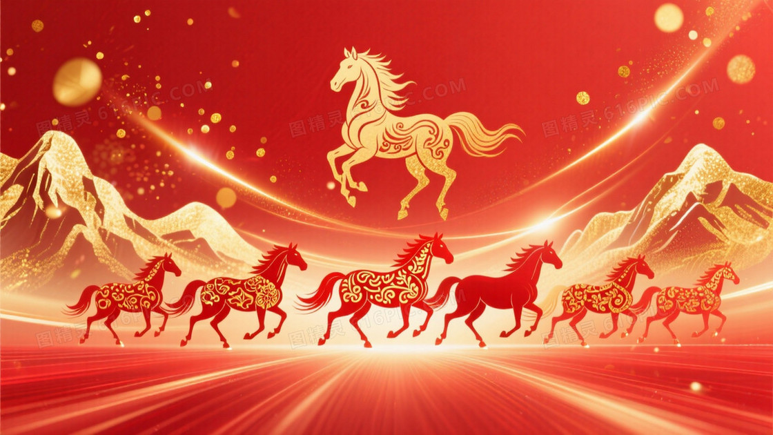 中国新年马年主题下方是红色骏马群