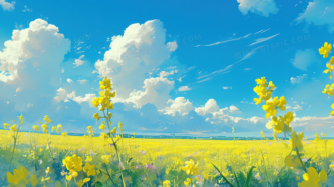 唯美清新春天油菜花田插画