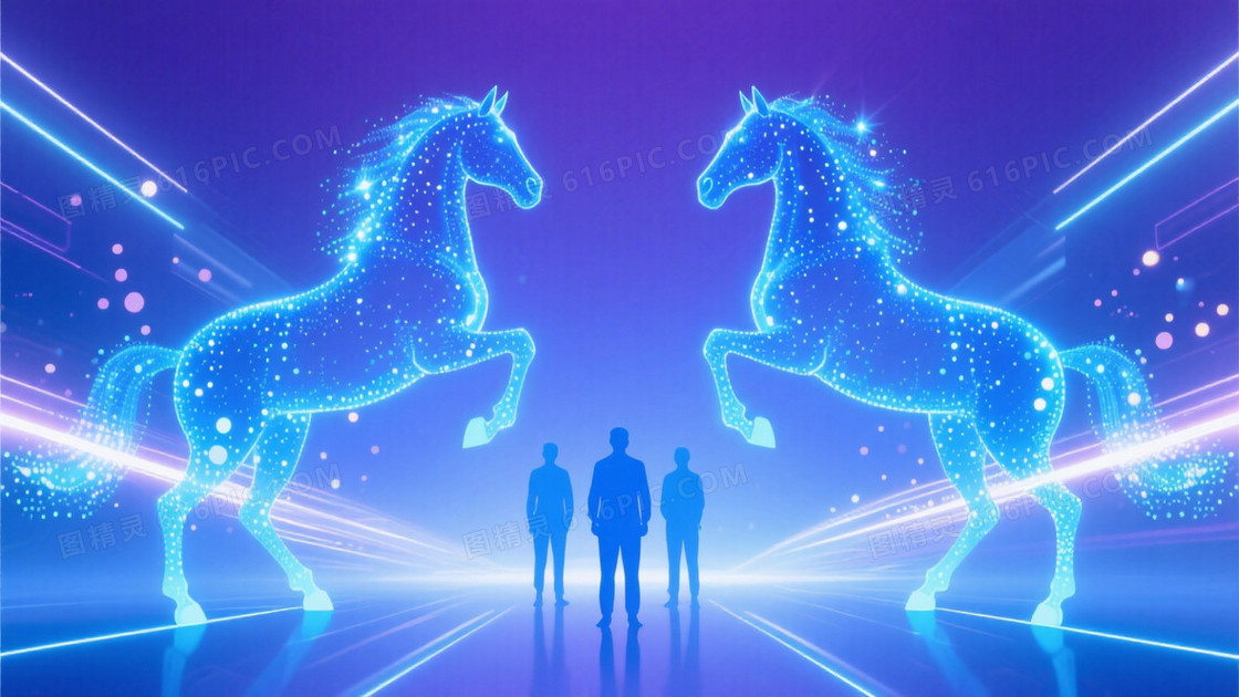 两侧是蓝色粒子骏马形象结合光效