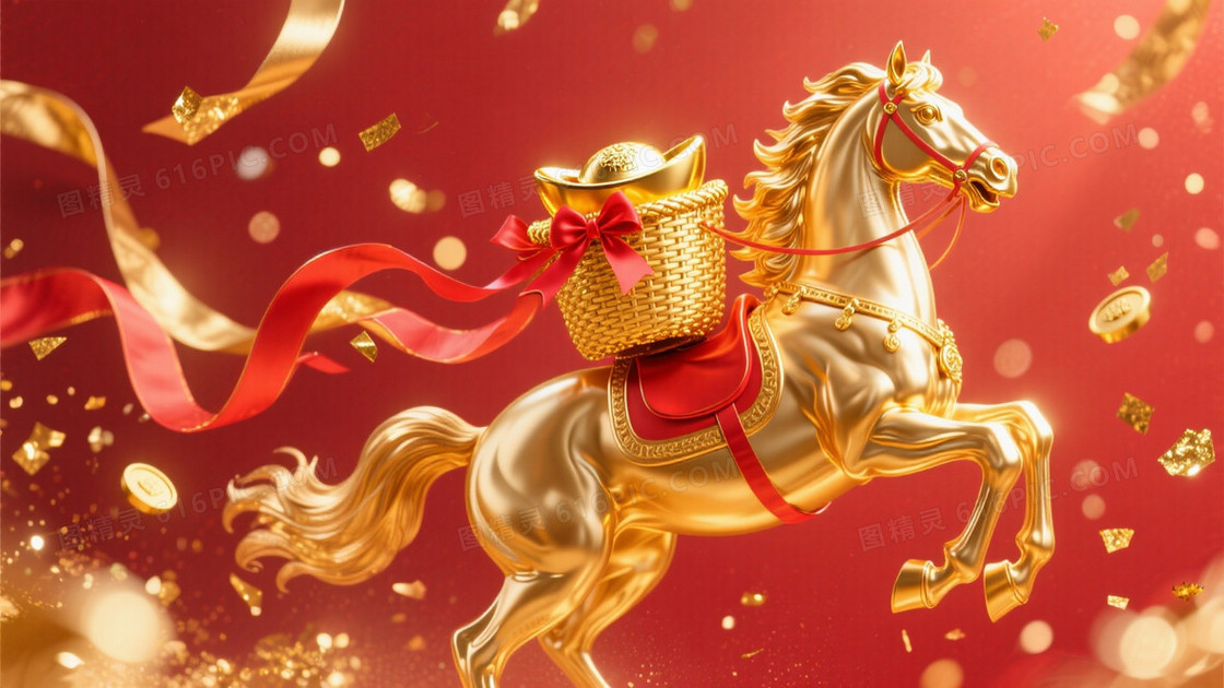 画面一侧是帅气的金色骏马奔腾形象