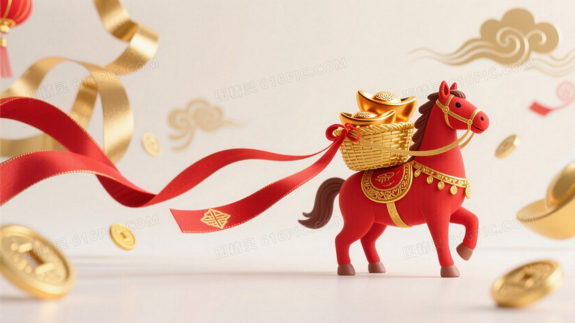 中国新年马年主题画面一侧是小小的红色骏马形象