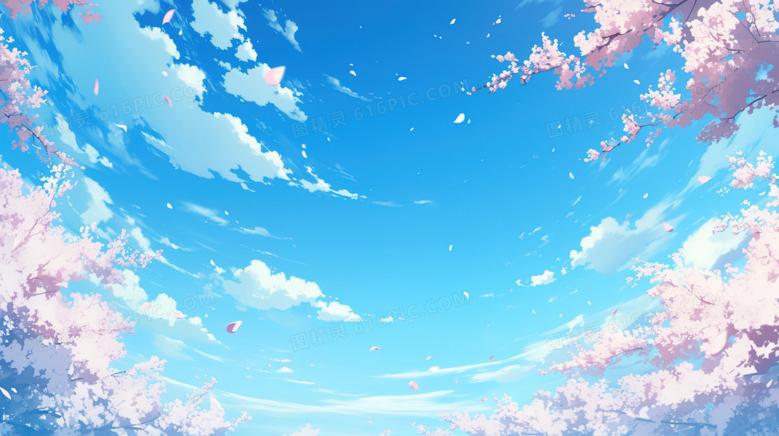 唯美清新蓝天白云樱花树插画