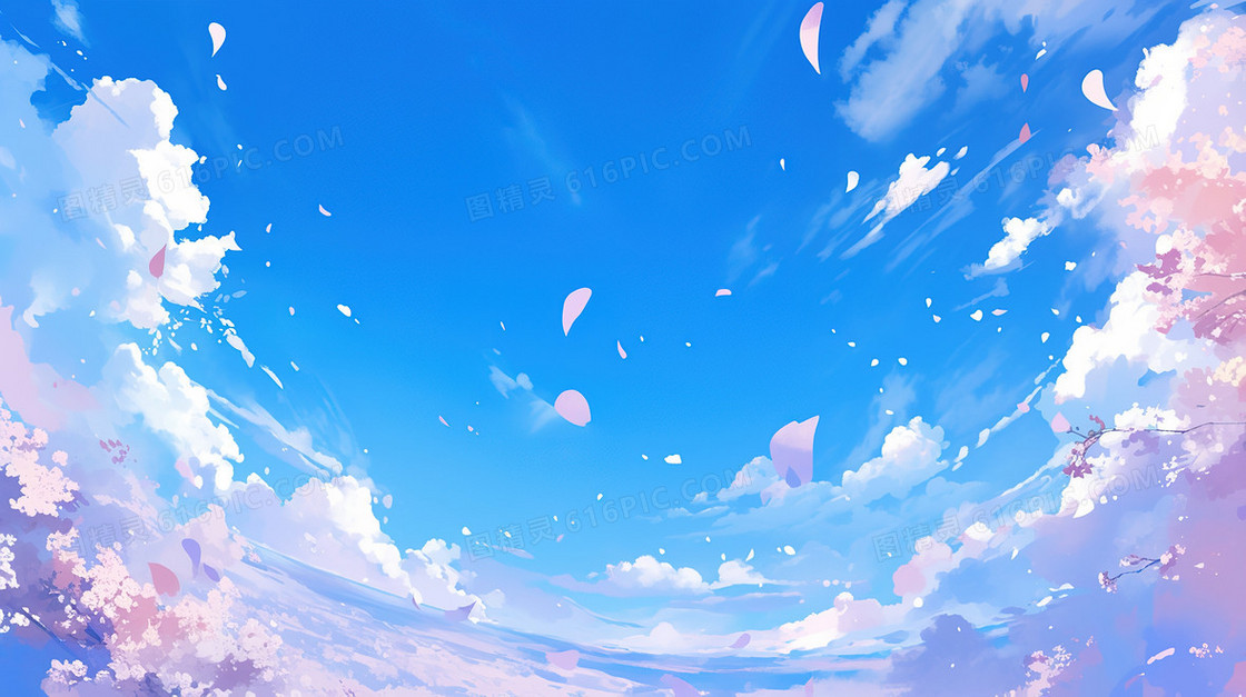 唯美清新蓝天白云樱花树插画