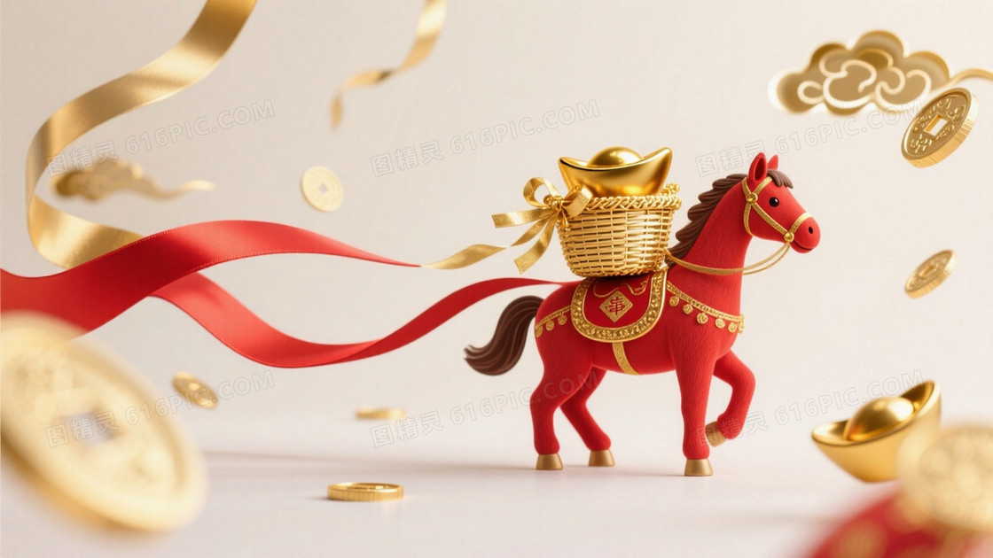 中国新年马年主题画面一侧是小小的红色骏马形象